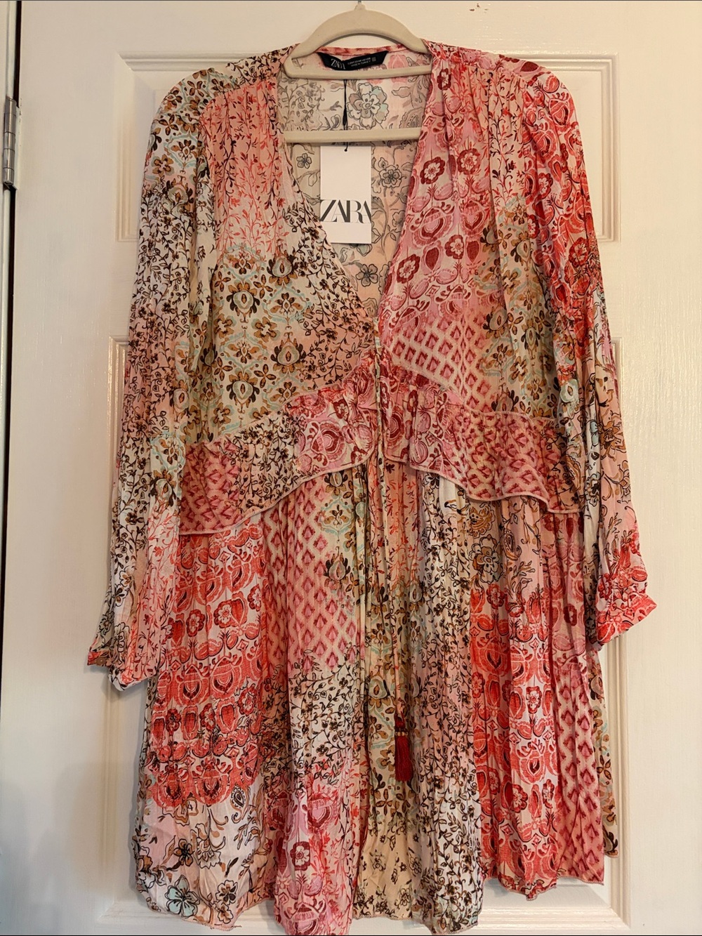 Zara Multi-Color Floral Patchwork Long-Sleeve Tiered Dress